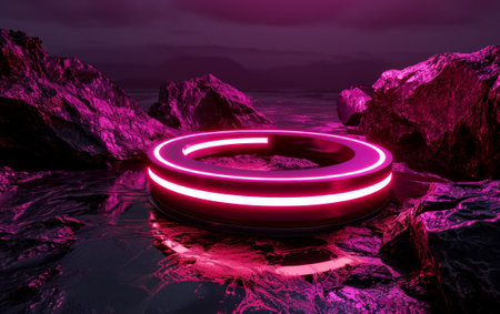 3d rendering of neon sign in the sea. Futuristic backgroundの素材