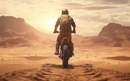 Racing motorcycle in the desert at sunset. 3d rendering.の素材
