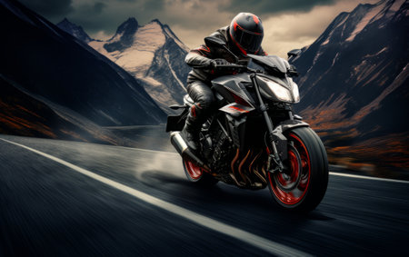 Motorcycle rider riding on the road in the mountains. 3d renderingの素材