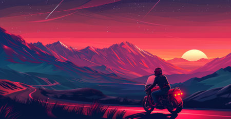 Motorcyclist riding a motorcycle on the road at sunset, vector illustrationの素材