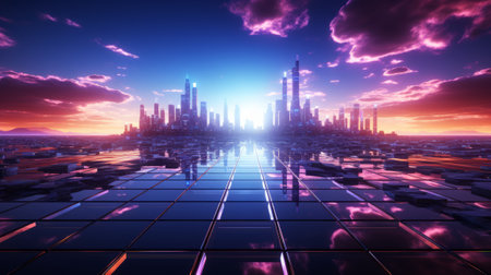 3d render of futuristic city at sunset. Futuristic architecture.の素材