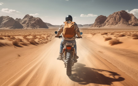 Motorcyclist in the middle of the desert. 3d renderingの素材
