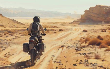 Rider on a motorcycle in the desert. Biking in the desert.の素材
