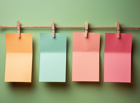Colorful sticky notes hanging on clothesline with clothespins on green backgroundの素材