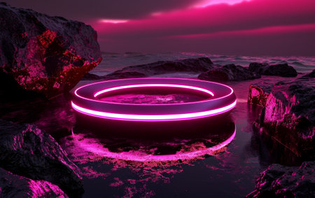 3D rendering of abstract background with neon lights, waves and rocksの素材