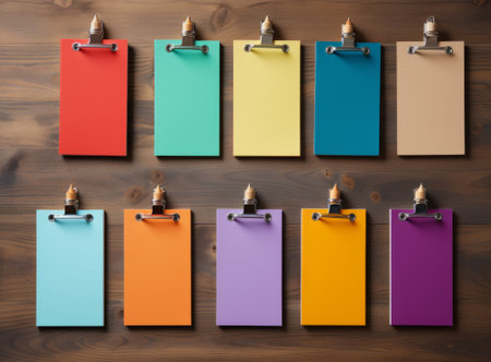 Set of colorful stickers on a wooden background. 3d illustration.の素材