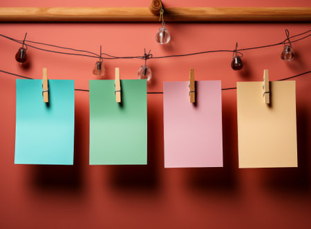 Blank colorful sticky notes hanging on clothesline. 3d renderの素材