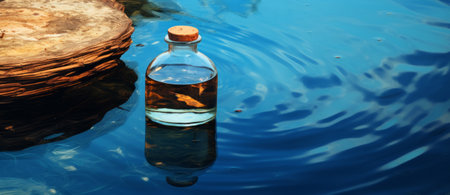 Bottle of whiskey on a background of blue water. Conceptual image.の素材