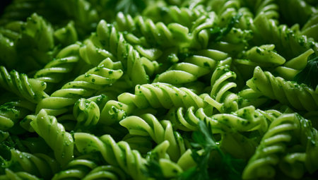 Fusilli pasta with green sauce and parsley, close upの素材