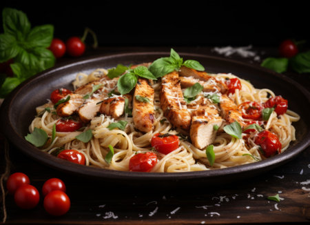 Spaghetti pasta with grilled chicken, cherry tomatoes and basil on black backgroundの素材