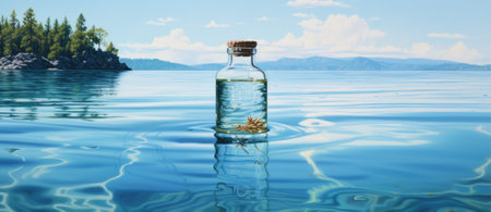 Glass bottle with a message in the water on the background of the mountainsの素材