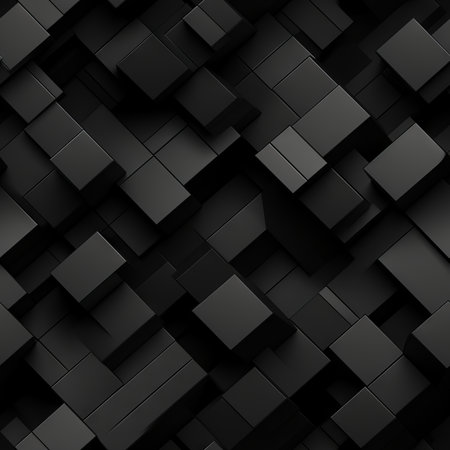 Black abstract background with cubes. 3d render illustration. Square composition.の素材