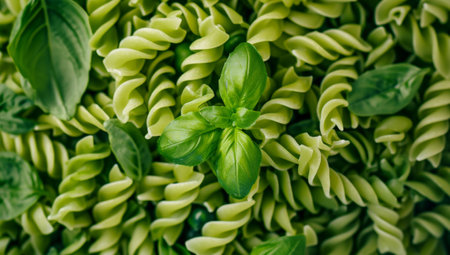 Green pasta with basil leaves background. Top view. Copy space.の素材