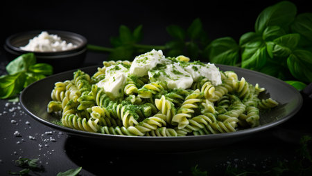 Fusilli pasta with pesto sauce, basil and feta cheeseの素材