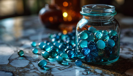 Glass jar filled with blue glass beads on a marble table, selective focusの素材