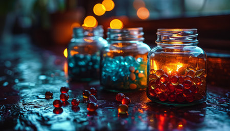 Pills and capsules in a glass jar on a dark background.の素材