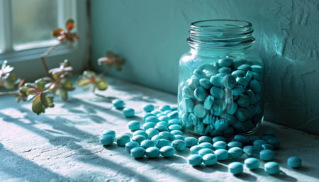 Blue pills in a glass jar on a light background. Copy space.の素材