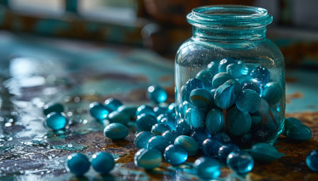 Blue beads in a glass jar on a wooden table. Selective focus.の素材