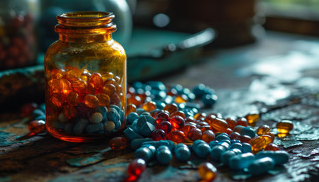 Colorful pills in a glass jar on an old wooden table.の素材
