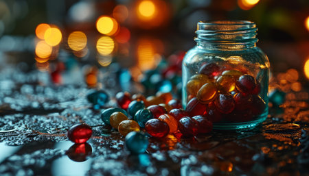 Colorful candies in glass jar on wooden table with bokeh backgroundの素材