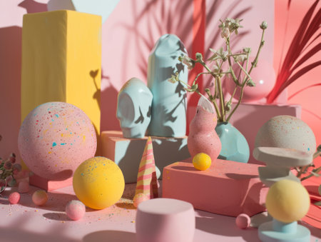 Easter composition with pastel colored eggs and bunny figurines.の素材