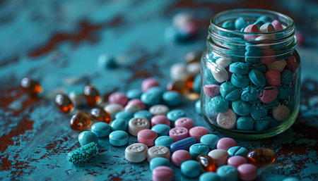 Colorful pills in a glass jar on a blue wooden background.の素材