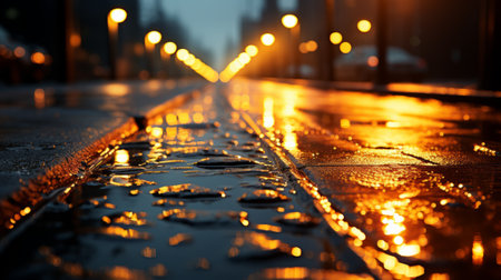 Raindrops on the street in the evening. Blurred background.の素材