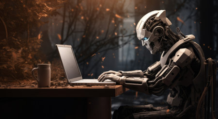 Robot working with a laptop on a dark background. Mixed mediaの素材