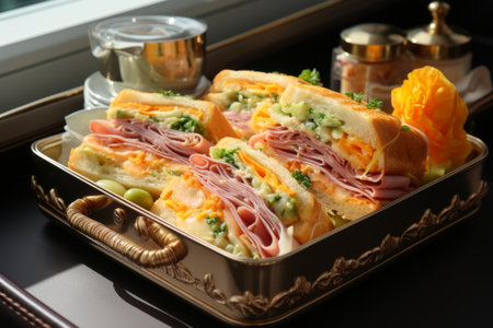 Sandwiches with ham, cheese and vegetables on a tray.の素材