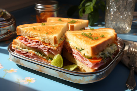 Tasty sandwiches with ham, cheese and vegetables on blue table, closeupの素材