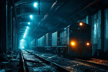 Train at the railway station at night. Railway station at night.の素材