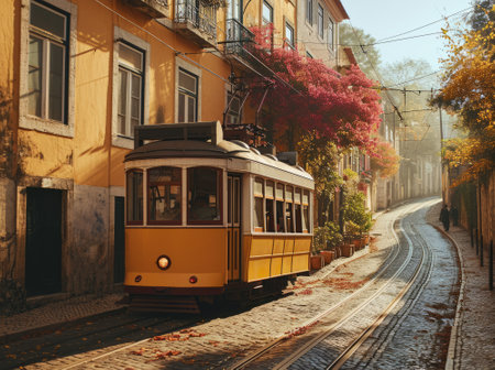 Old yellow tram on the street of Lisbon, Portugal. Photo in old color image style.の素材