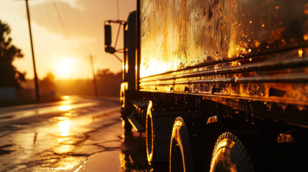 Truck in the rain on the road at sunset, close upの素材