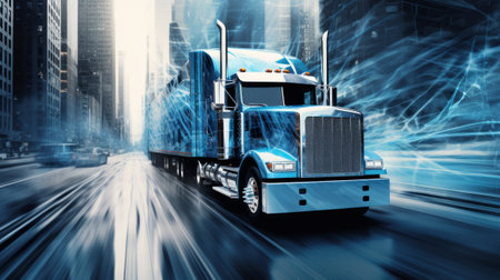 Truck on the road with motion blur background. 3d renderingの素材