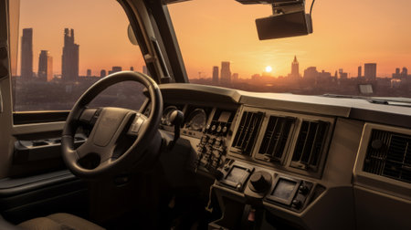 Interior view of a modern car with the city in the backgroundの素材