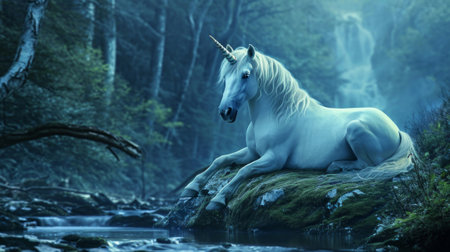 White horse in the forest on a rock by the river, fantasy imageの素材