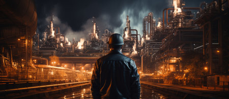 Industrial worker in front of oil refinery at night. Mixed mediaの素材