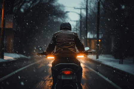 A man riding a motorcycle on a snowy road in the rain.の素材
