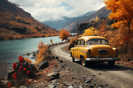 Vintage car on the road in the mountains. Autumn landscape.の素材