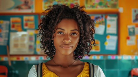 A close-up portrait of a young Afro-Brazilian female teacherの素材