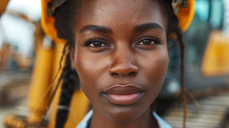 A close-up portrait of a young African American female construction workerの素材