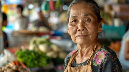 A close-up portrait of a middle-aged Thai female cookの素材
