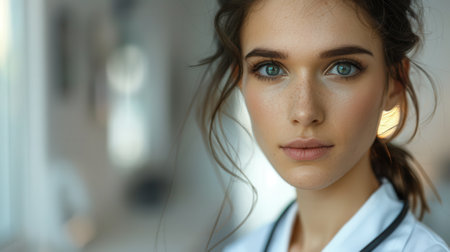 A close-up portrait of a young Austrian female doctorの素材