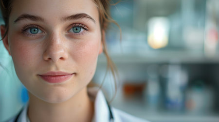 Compassionate close-up portrait of a young Dutch female doctor with a focused expression in a clinical settingの素材