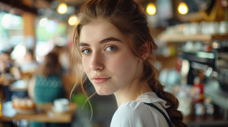 Close-up portrait of a young French female waitress with a gentle expression, captured in a bustling cafe setting.の素材