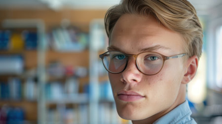 Engaging close-up portrait of a young Finnish male teacher in a vibrant classroom settingの素材