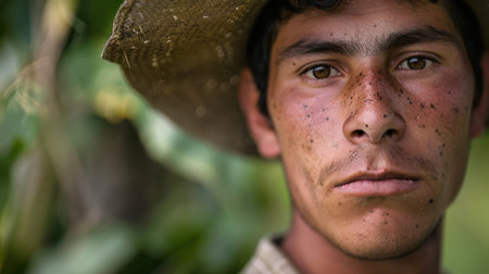 Close-up portrait of a young German-Brazilian male farmer with a determined expression, standing in a field with crops in the background.の素材