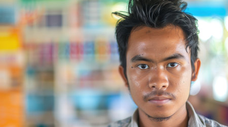 Close-up portrait of a young Madurese male teacher in a classroom.の素材
