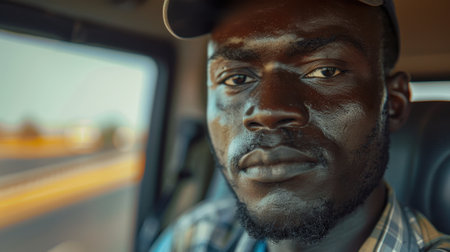 Close-up portrait of a young Nigerian male truck driver with a determined expression in a truck cabin.の素材