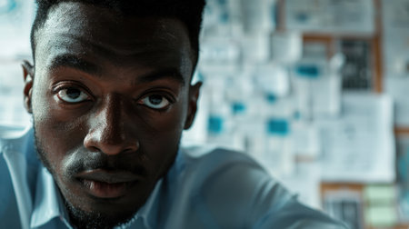 Close-up portrait of a young Nubian male teacher with a serious expression, standing in a classroom with bookshelves in the background.の素材